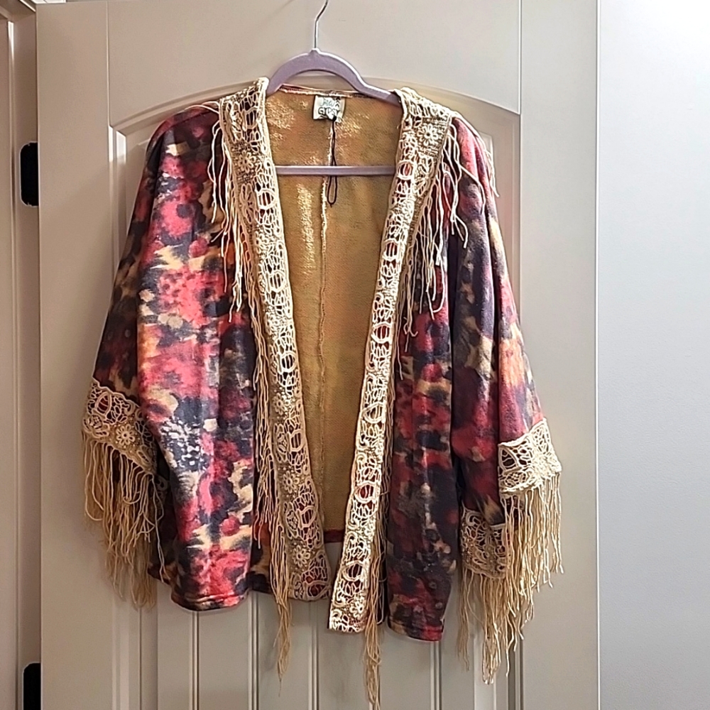 Boho Tie-Dye Fringe Open Cardigan Jacket - Multicolor